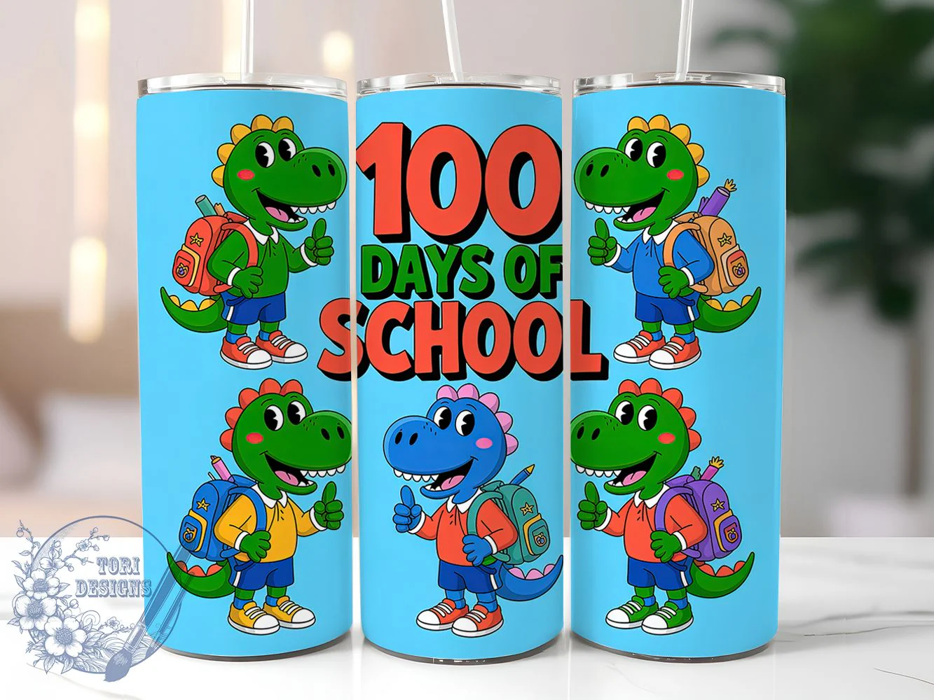 100 Days Dino School Tumbler, School Theme, Dinosaur Design, Classroom Celebration, Fun Learning, 20Oz Tumbler, Sublimation Wrap