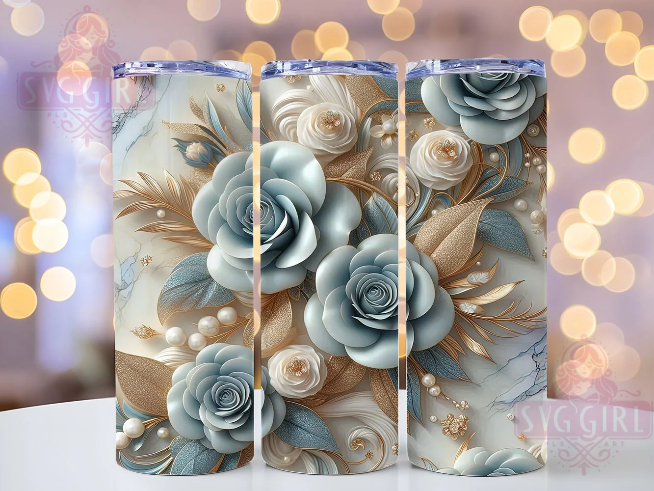 3D Blue Rose Floral Tumbler, Blue Roses Theme, Seamless Bloom Wrap, Elegant Botanical Design, Romantic Chic Style, Artistic Garden Print, Vibrant Nature Motif, 20Oz Tumbler, Sublimation