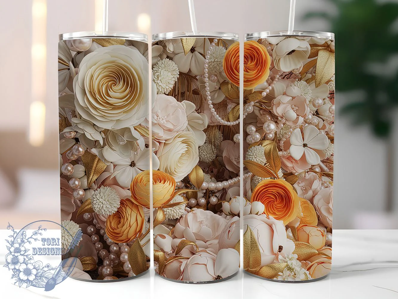 3D Gold Orange White Rose Tumbler, Orange White Rose Tumbler, Elegant Floral Wrap, Gold Detail Wrap, Whimsical Rose Wrap, Sublimation Design, Trendy Gift Idea
