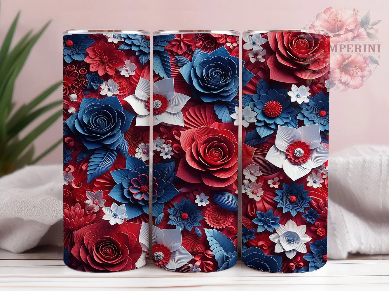 3D Patriotic Red White Blue Floral Tumbler, Patriotic Flowers Tumbler, Red White Blue Wrap, Whimsical Patriotic Wrap, Rustic Floral Wrap, Sublimation Design, Trendy Gift Idea