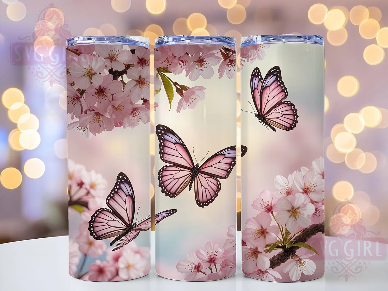 3D Pink Cherry Blossom Butterfly Tumbler, Pink Butterfly Tumbler, Cherry Blossom Wrap, Whimsical Butterfly Wrap, Floral Blossom Wrap, Sublimation Design, Trendy Gift Idea