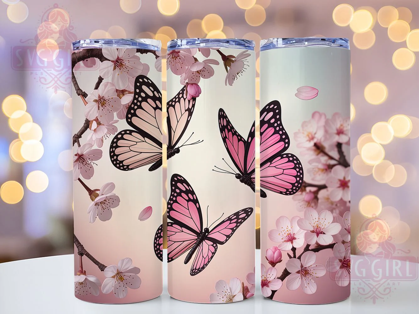 3D Pink Cherry Blossom Butterfly Tumbler, Pink Butterfly Tumbler, Cherry Blossom Wrap, Whimsical Butterfly Wrap, Floral Blossom Wrap, Sublimation Design, Trendy Gift Idea