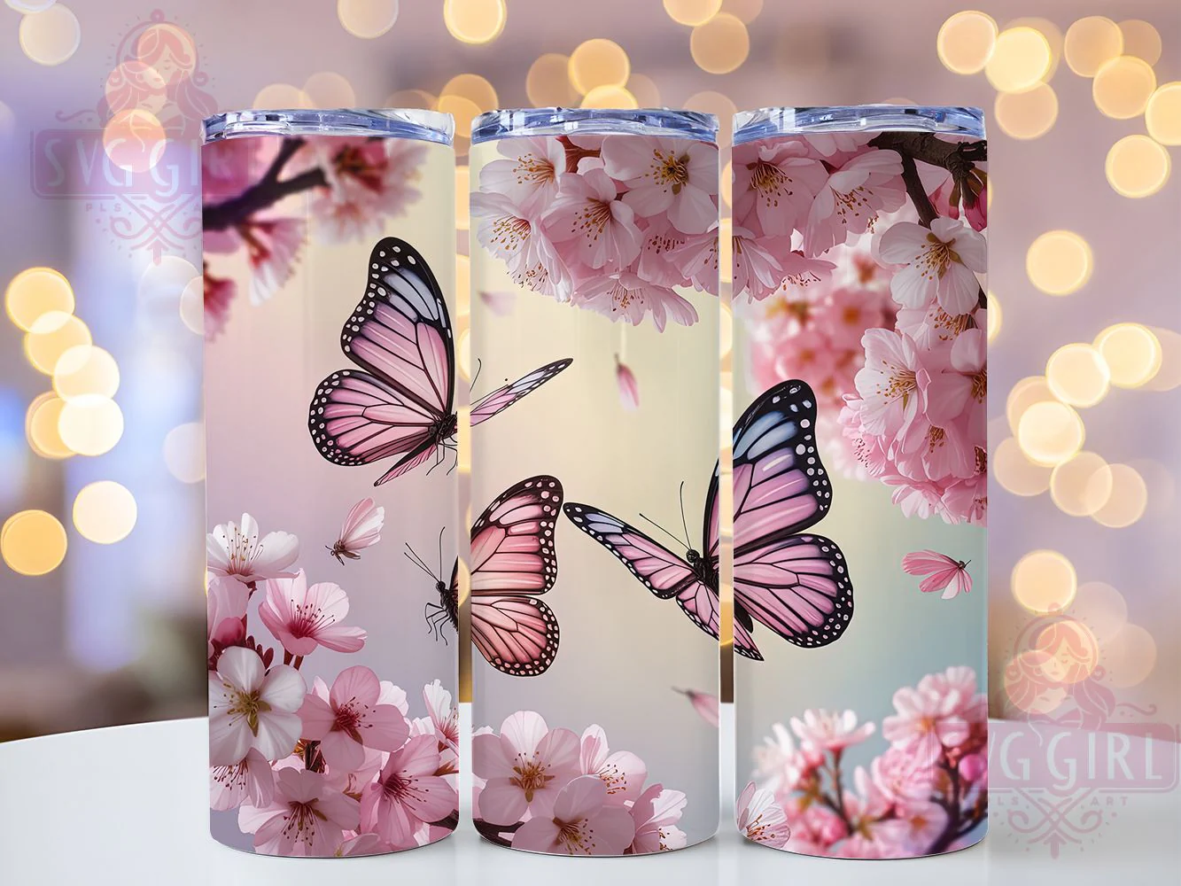 3D Pink Cherry Blossom Butterfly Tumbler, Pink Butterfly Tumbler, Cherry Blossom Wrap, Whimsical Butterfly Wrap, Floral Blossom Wrap, Sublimation Design, Trendy Gift Idea