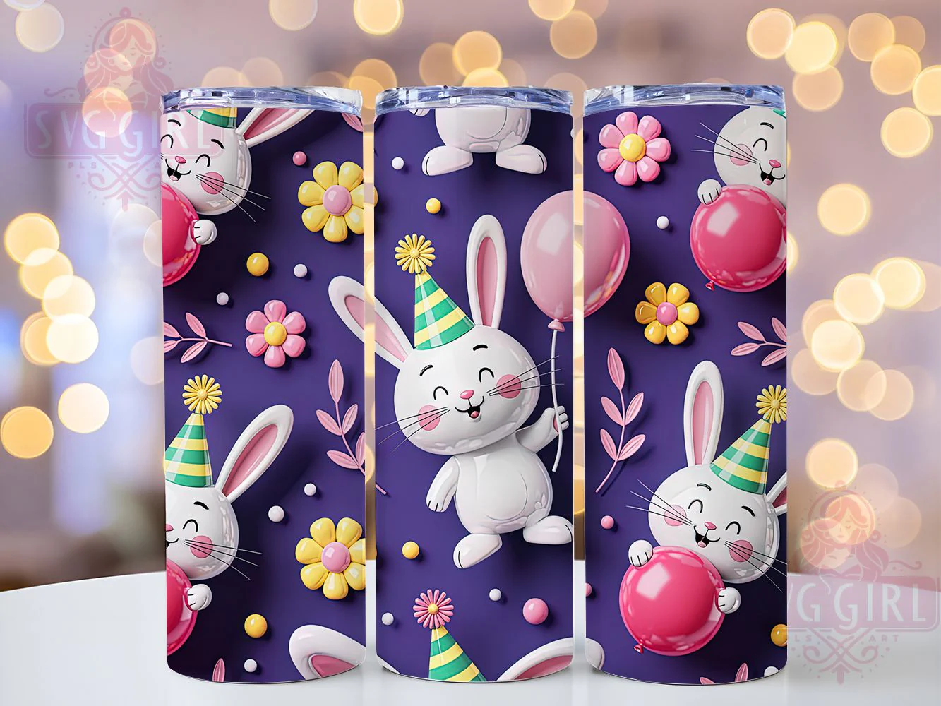 3D Puffy Floral Bunny Tumbler, Cute Inflated Tumbler, Stylish 20oz Wrap, Sublimation Design, Trendy Gift Idea, Puffy Bunny Wrap, Floral Bunny Tumbler