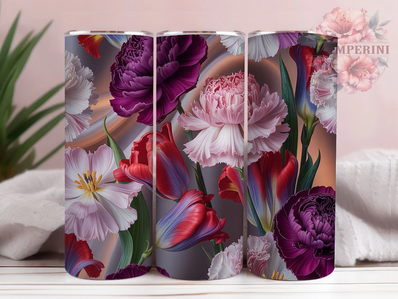 3D Purple Carnation Tumbler, Purple Carnations Theme, Seamless Wrap, Elegant Bloom Design, Romantic Chic Style, Artistic Garden Print, Vibrant Nature Motif, 20Oz Tumbler, Sublimation