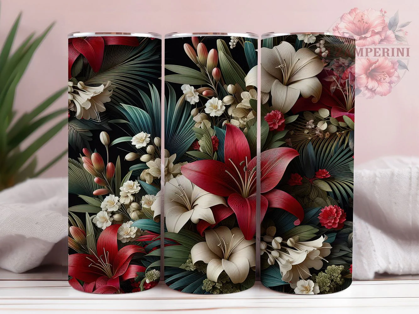 3D Red Green Floral Tumbler, Red And Green, Seamless Pattern, Romantic Theme, Elegant Art, 20Oz Tumbler, Sublimation Wrap