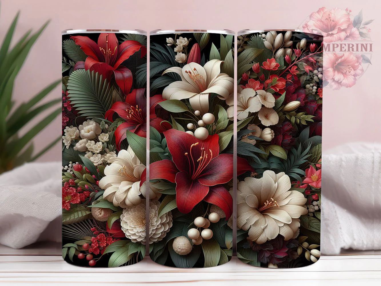 3D Red Green Floral Tumbler, Red And Green, Seamless Pattern, Romantic Theme, Elegant Art, 20Oz Tumbler, Sublimation Wrap