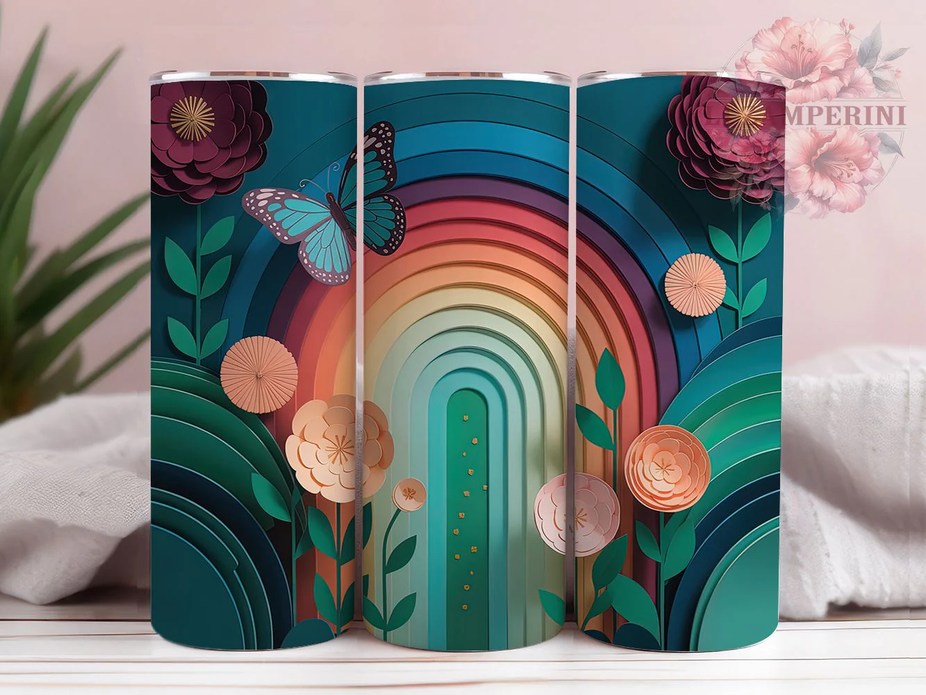 3D Warm Butterfly Art Tumbler, Warm Colors, Paper Mache, Butterflies Theme, Artistic Style, 20Oz Tumbler, Sublimation Wrap