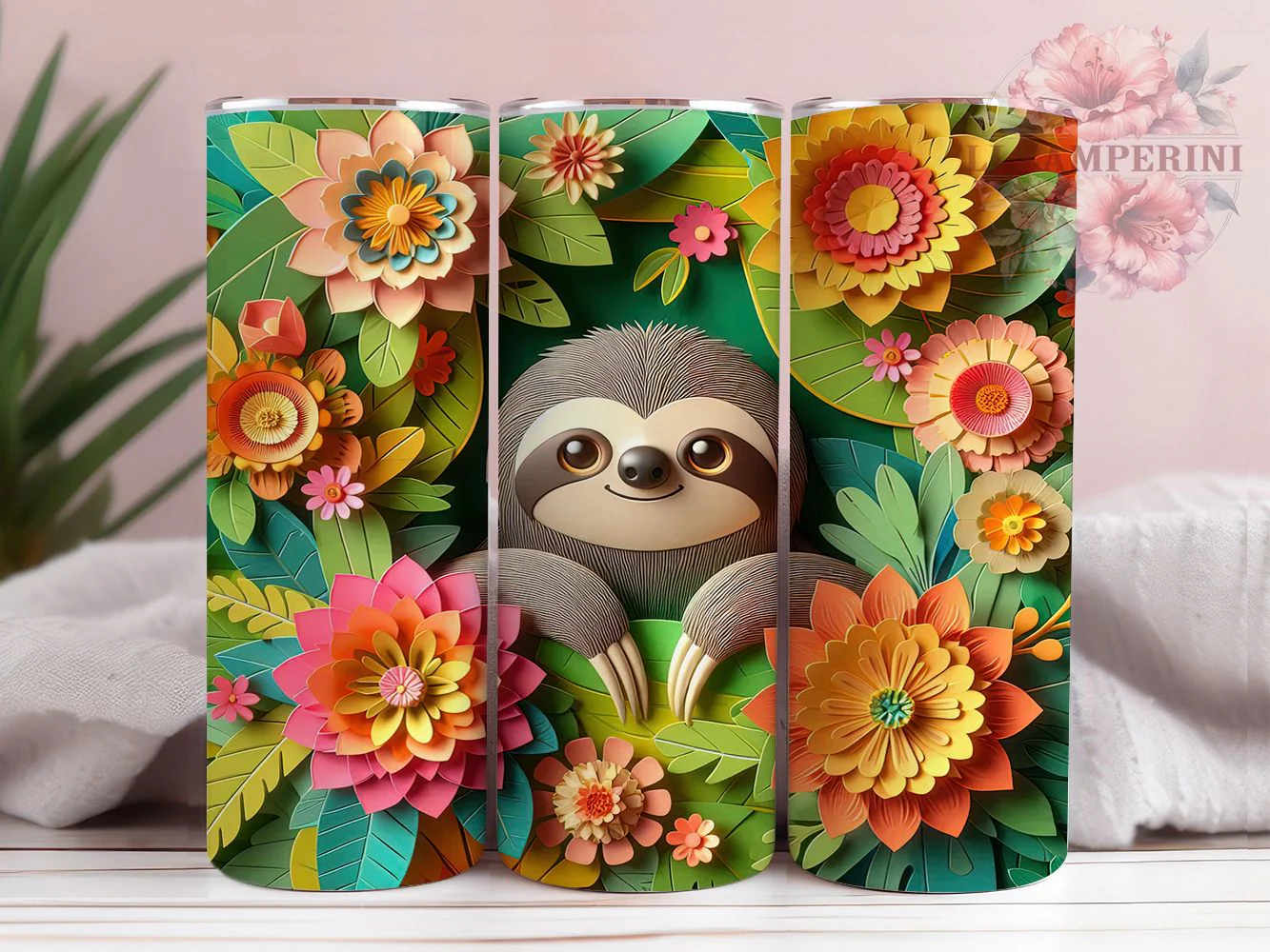 3D Whimsical Floral Sloth Tumbler, Blossom Tumbler, Whimsical Sloth Wrap, Cute Animal Wrap, Floral Sloth Wrap, Sublimation Design, Trendy Gift Idea