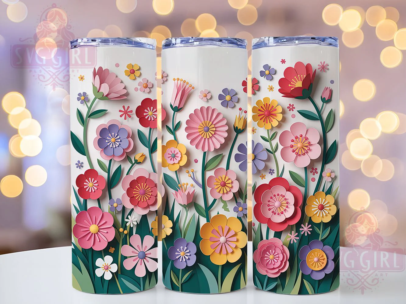 3D Wildflower Floral Tumbler, Wildflower Bloom Theme, Seamless Botanical Wrap, Elegant Nature Design, Romantic Chic Style, Artistic Garden Print, Vibrant Outdoor Motif, 20Oz Tumbler, Sublimation