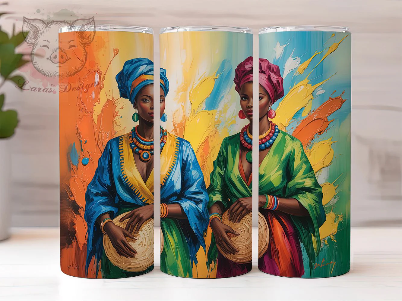 Afrocentric Tribal Women Tumbler, Vibrant Cultural Theme, Seamless Artistic Wrap, Bold Tribal Design, Empowered Feminine Motif, Colorful Ethnic Print, Modern Afrocentric Style, Inspirational Chic Glow,