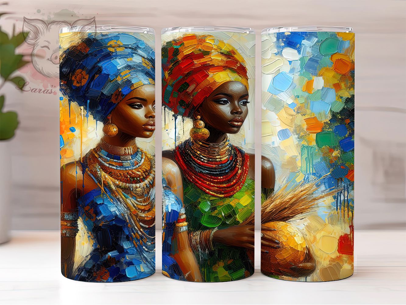 Afrocentric Tribal Women Tumbler, Vibrant Cultural Theme, Seamless Artistic Wrap, Bold Tribal Design, Empowered Feminine Motif, Colorful Ethnic Print, Modern Afrocentric Style, Inspirational Chic Glow,