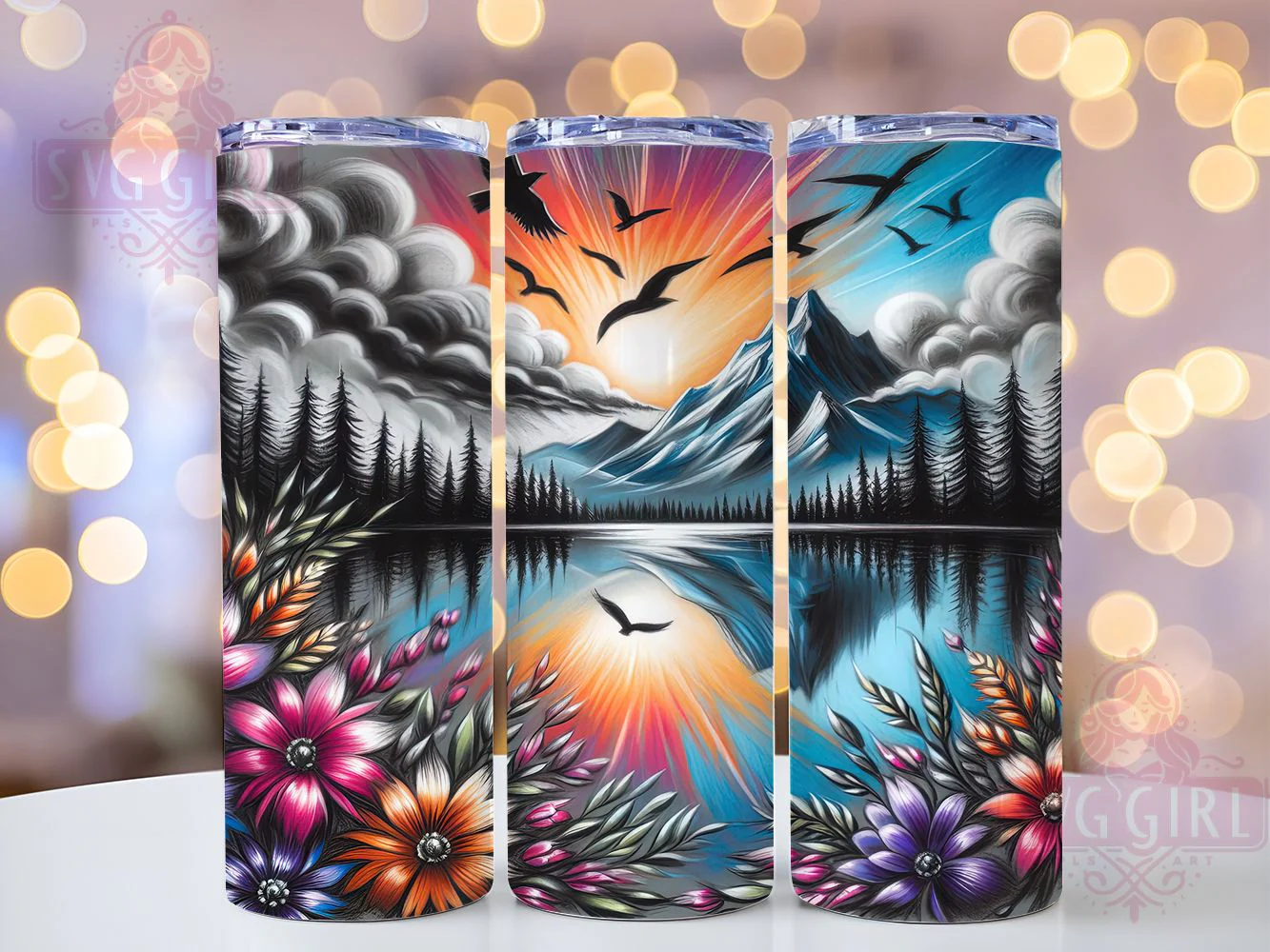 Artistic Charcoal Mountain Floral Tumbler, Charcoal Floral Tumbler, Artistic Mountain Wrap, Whimsical Floral Wrap, Rustic Charcoal Wrap, Sublimation Design, Trendy Gift Idea