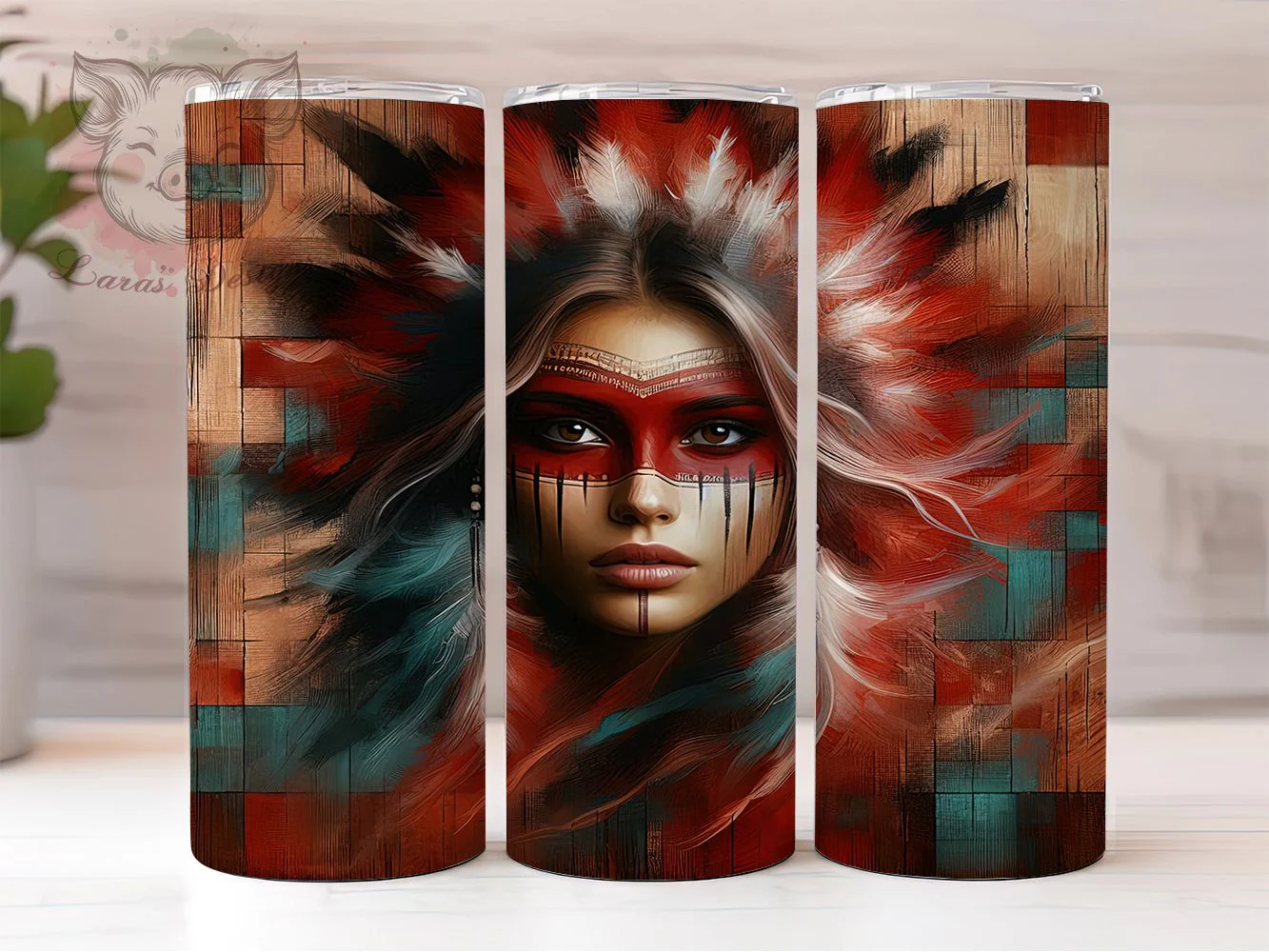 Aztec Feather Tribal Tumbler Wrap, Indian Feathers, Tribal Art, Wooden Style, Ethnic Design, Tumbler Wrap, Sublimation Design