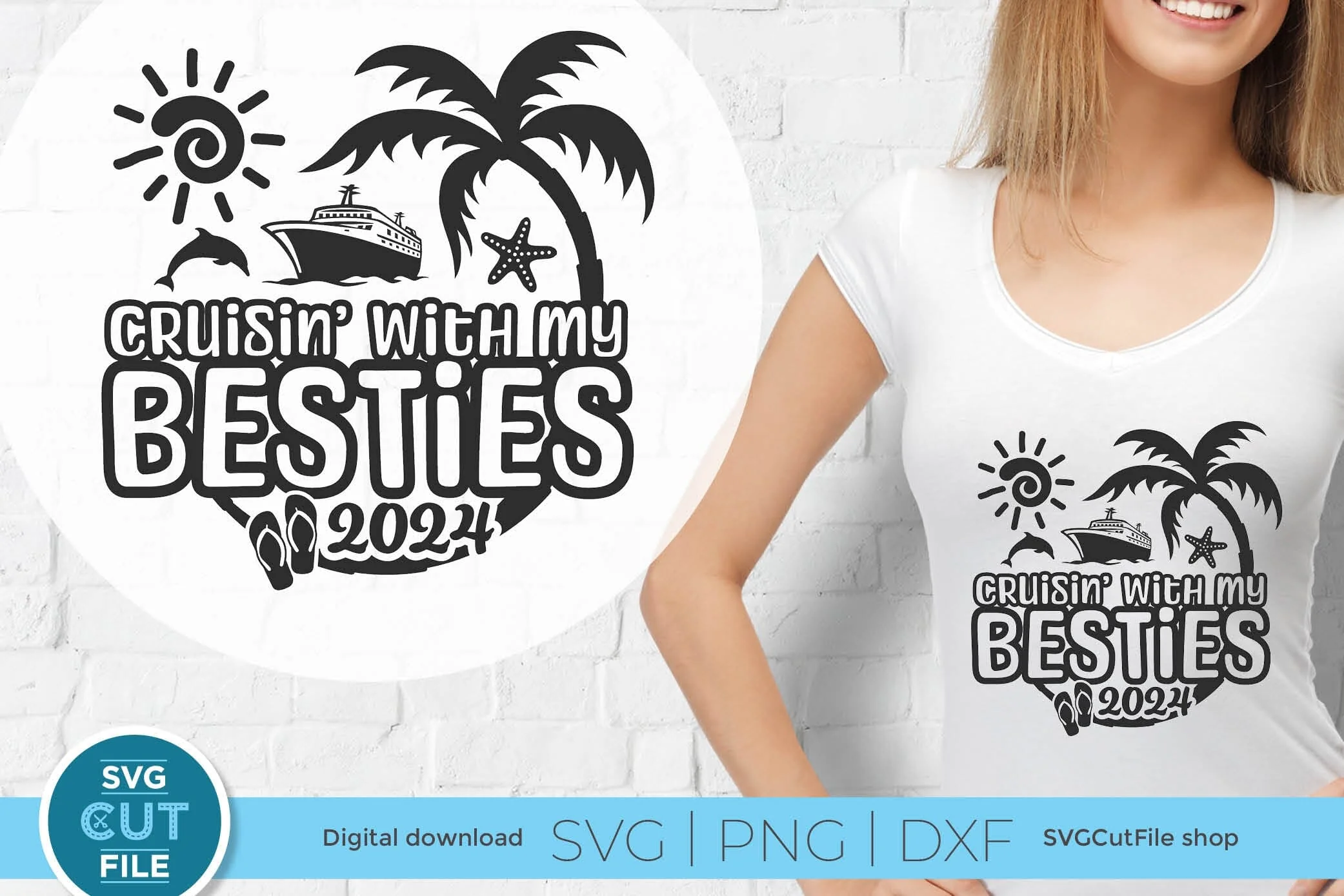 Besties Cruise SVG with Cruise ship, palm tree, starfish - 2024 Best Friends svg