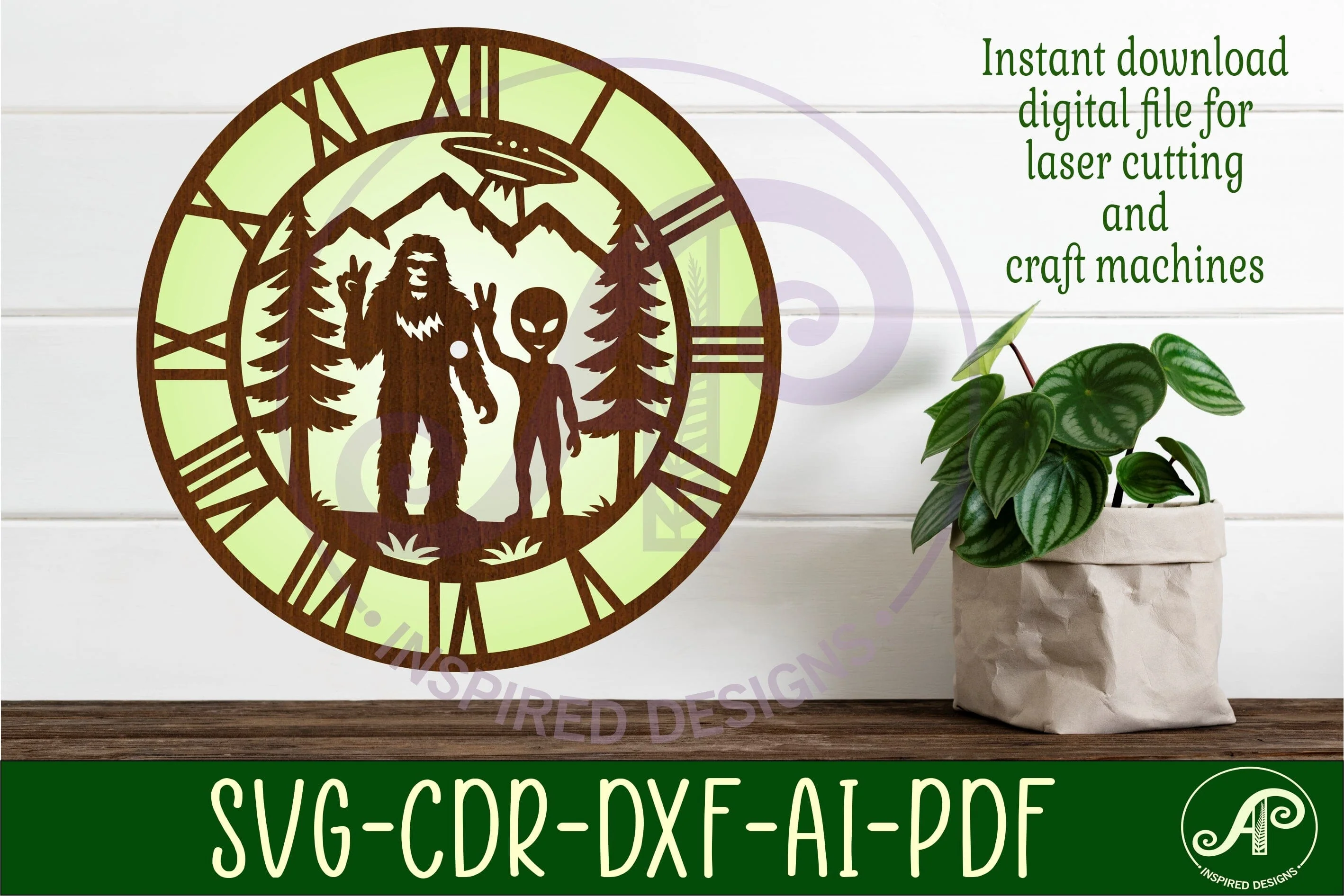 Bigfoot and Alien forest clock wall clock laser cut files - Image 2