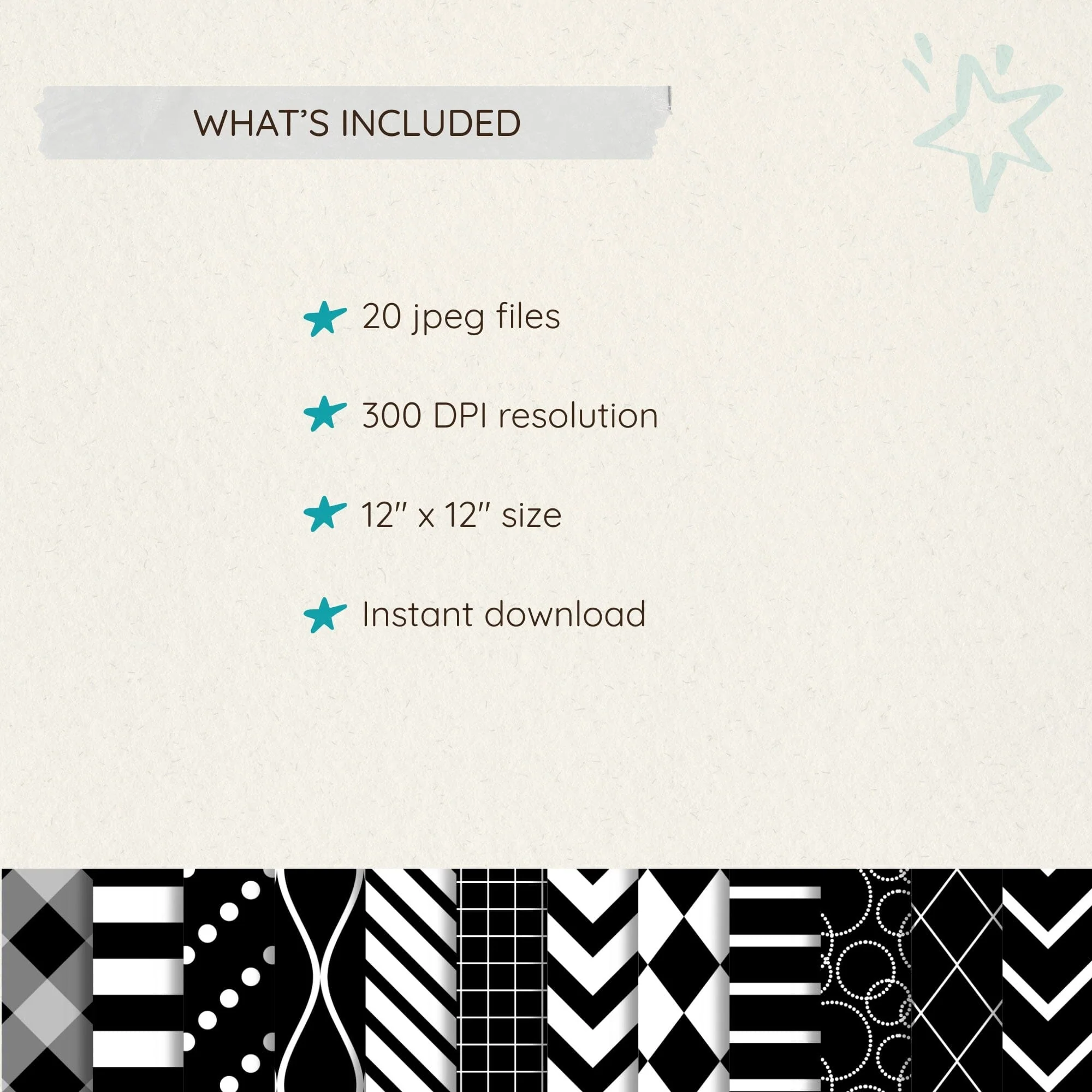 Black and White Digital Paper Pack | Geometric Scrapbook Paper | 20 Printable Backgrounds | Commercial Use - Image 2