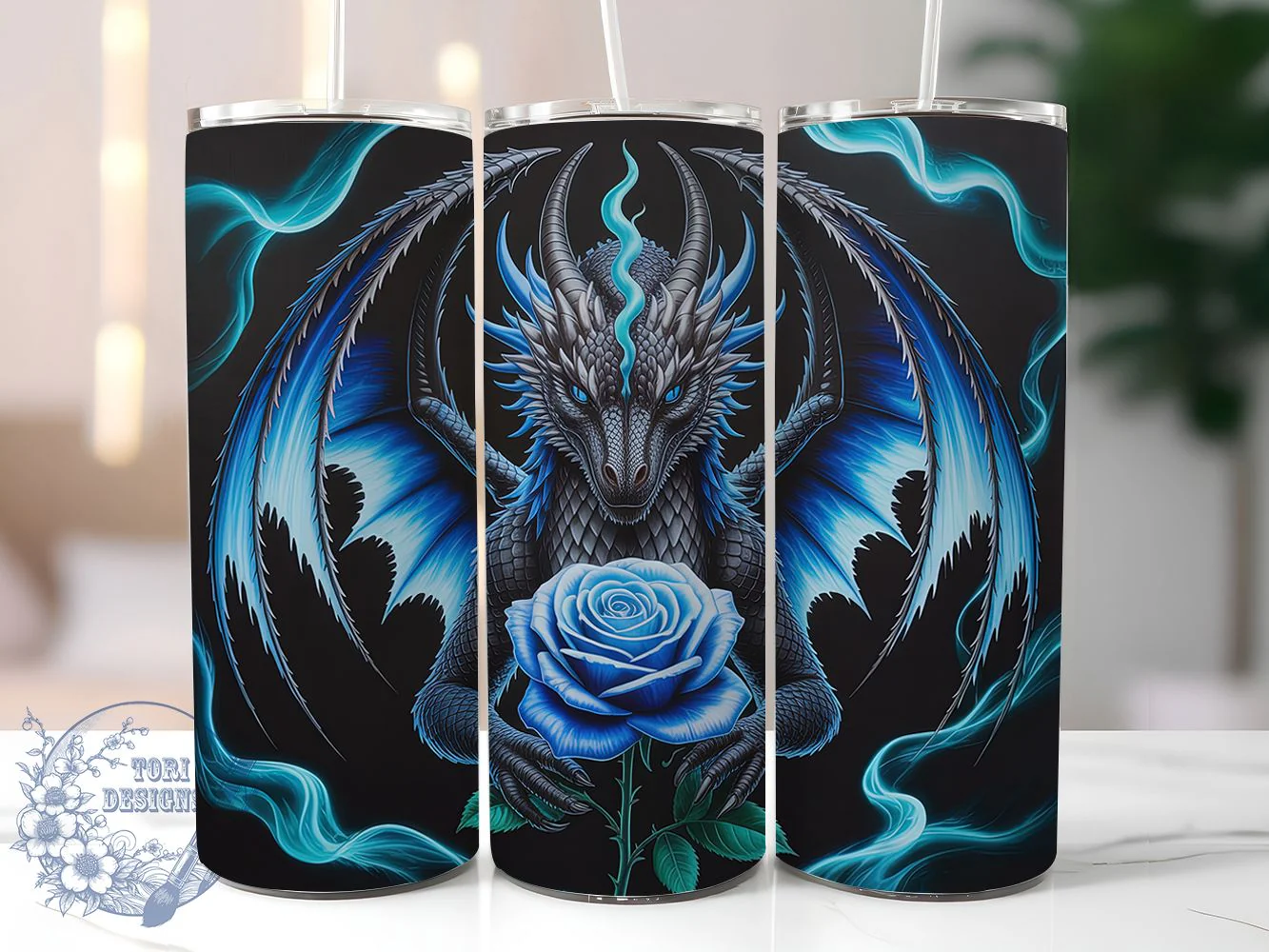 Black Dragon Blue Rose Tumbler, Blue Roses, Fantasy Theme, Mystical Art, Bold Design, Whimsical Style, 20Oz Tumbler