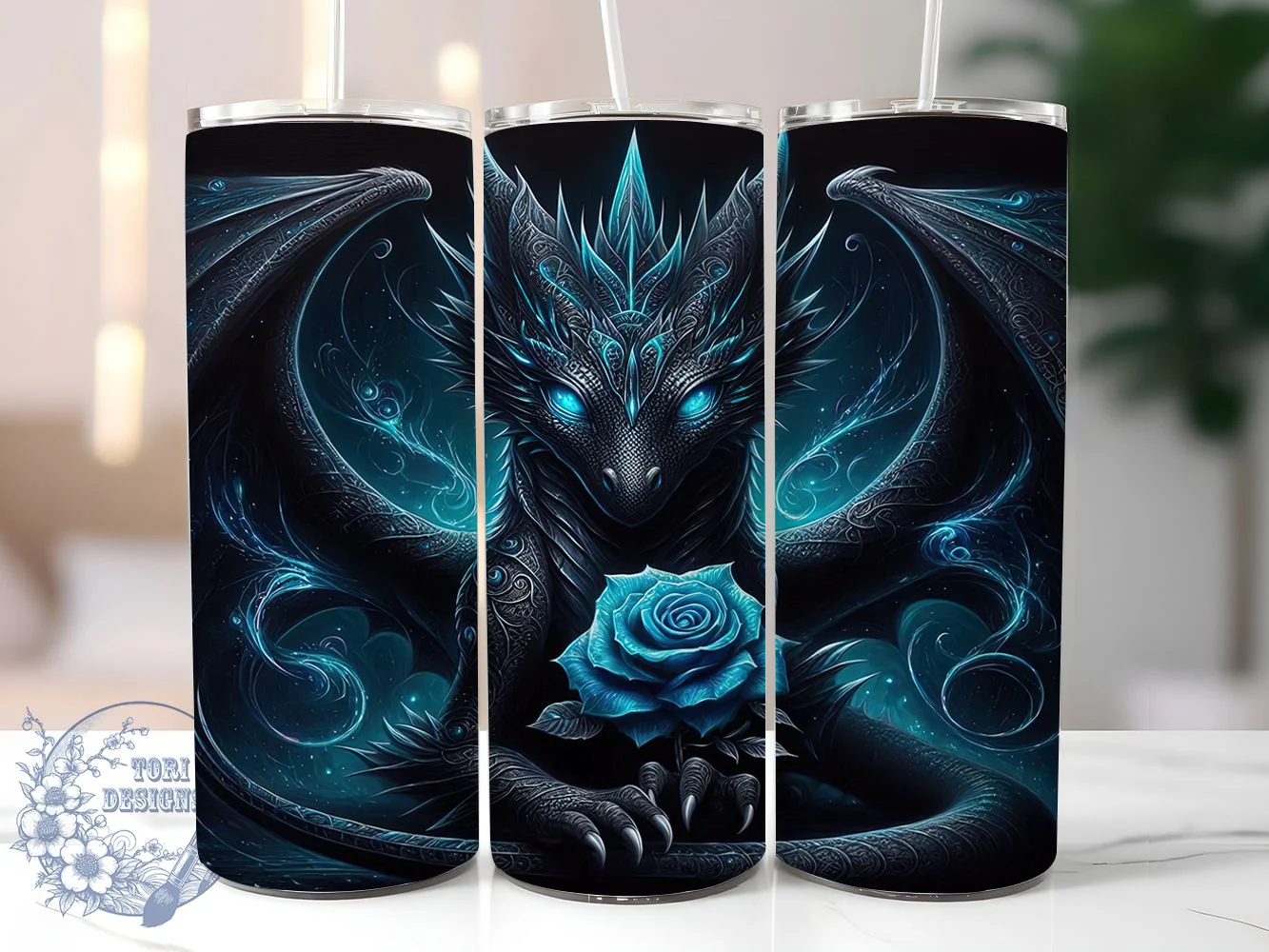 Black Dragon Blue Rose Tumbler, Blue Roses, Fantasy Theme, Mystical Art, Bold Design, Whimsical Style, 20Oz Tumbler