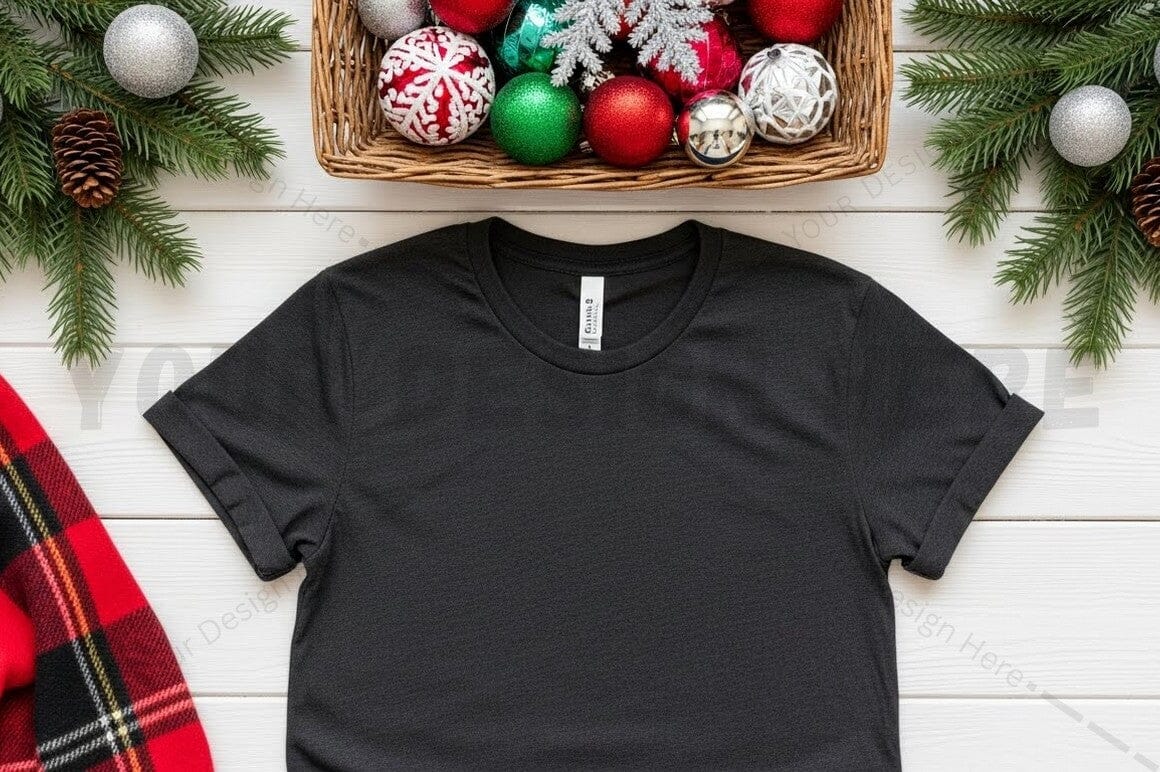 Black t-shirt mockup with christmas decorations
