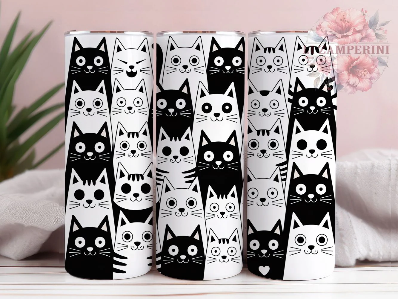 Black White Cat Doodle Tumbler, Cat Lovers, Black And White, Cute Kitten, Whimsical Art, 20Oz Tumbler, Sublimation Wrap