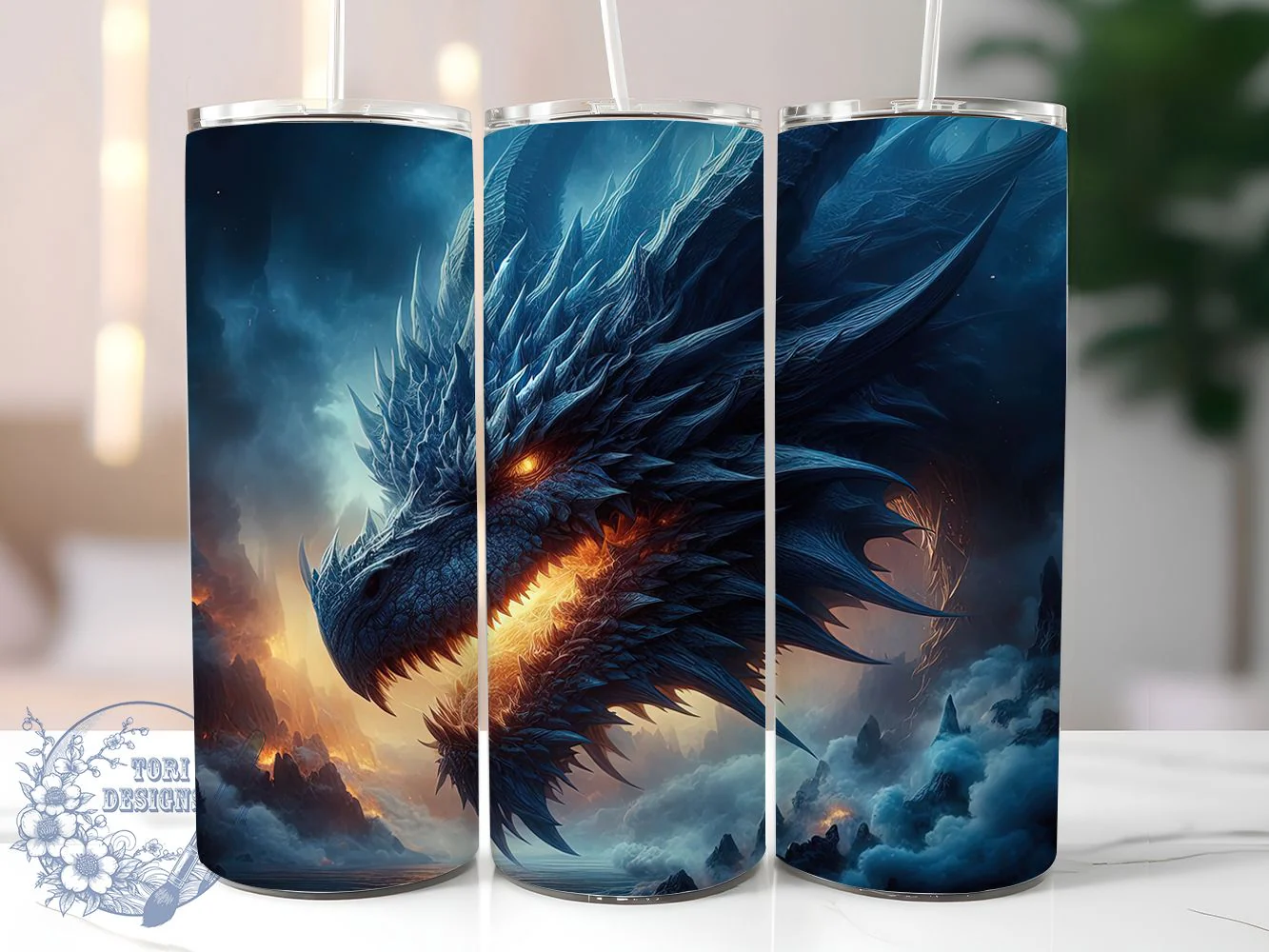 Blue Fire Dragon Tumbler, Breathing Fire, Fantasy Theme, Mystical Art, Bold Design, 20Oz Tumbler, Sublimation Wrap