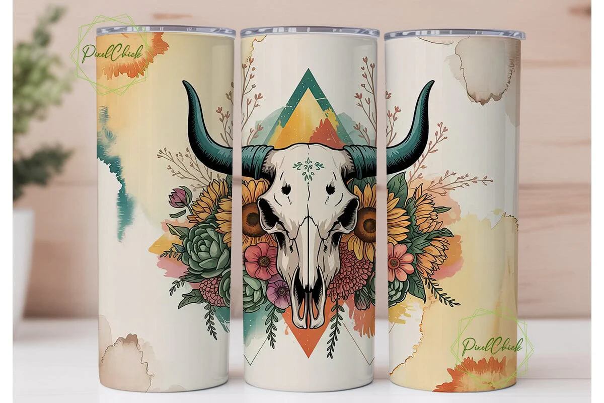 Boho Bull Skull Floral 20oz Tumbler Wrap
