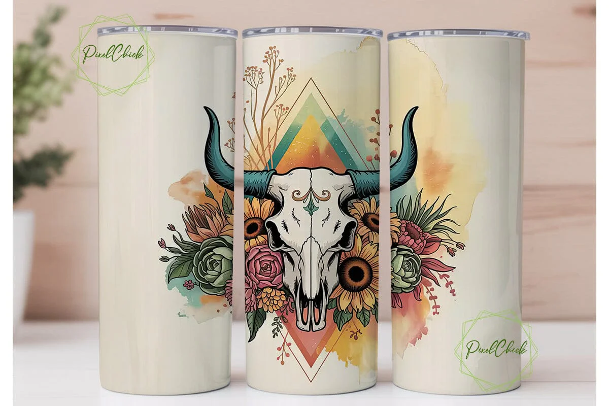 Boho Bull Skull Floral 20oz Tumbler Wrap