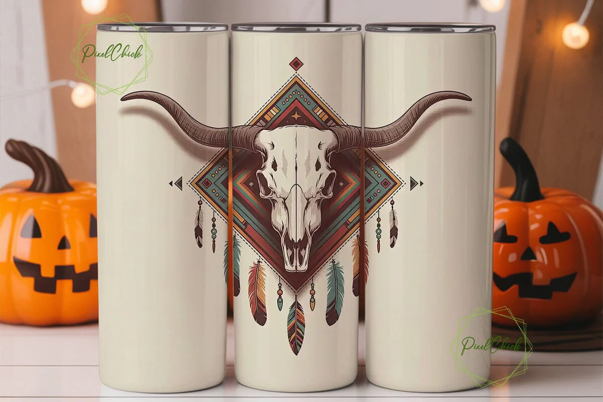 Boho Longhorn Skull 20oz Tumbler Wrap - Image 2