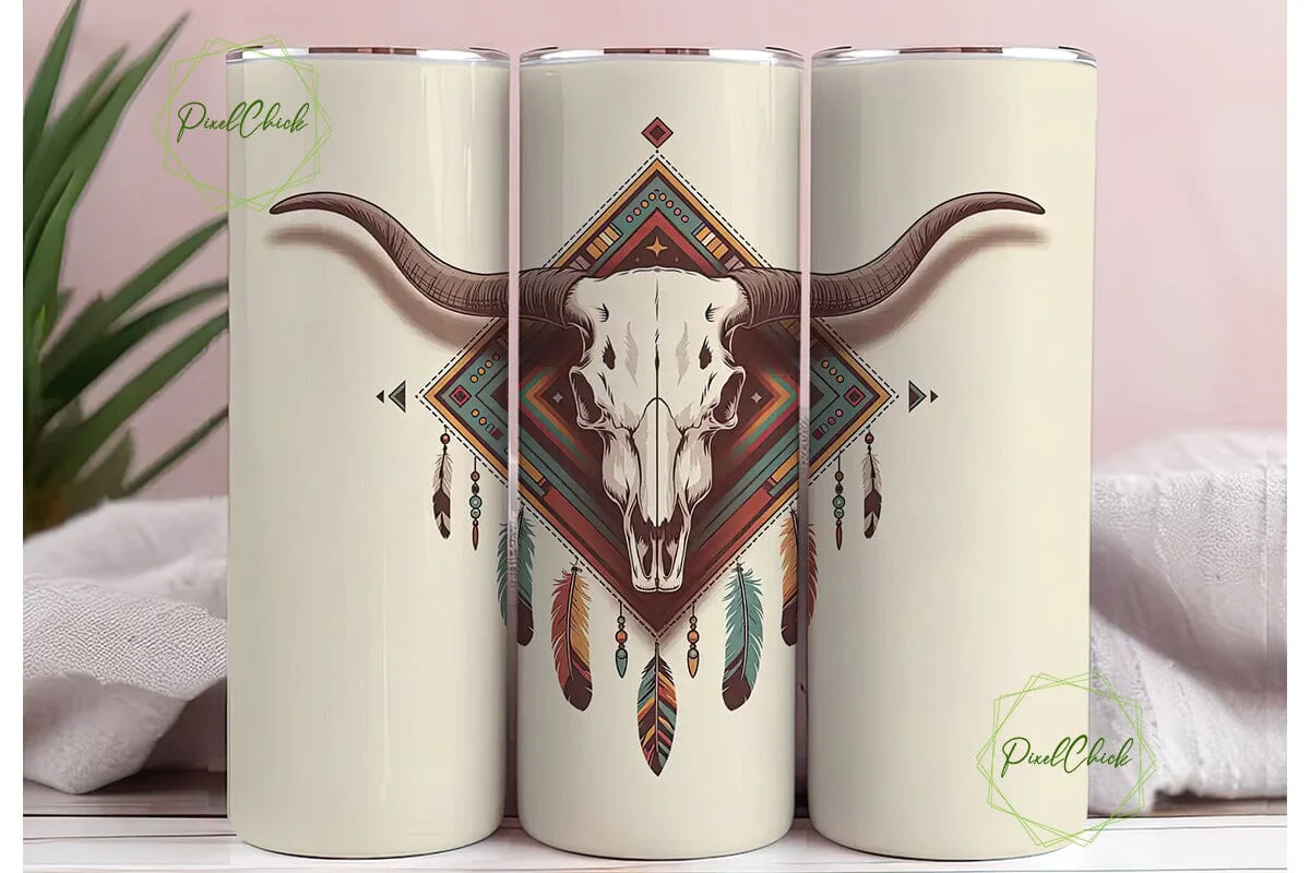 Boho Longhorn Skull 20oz Tumbler Wrap - Image 3