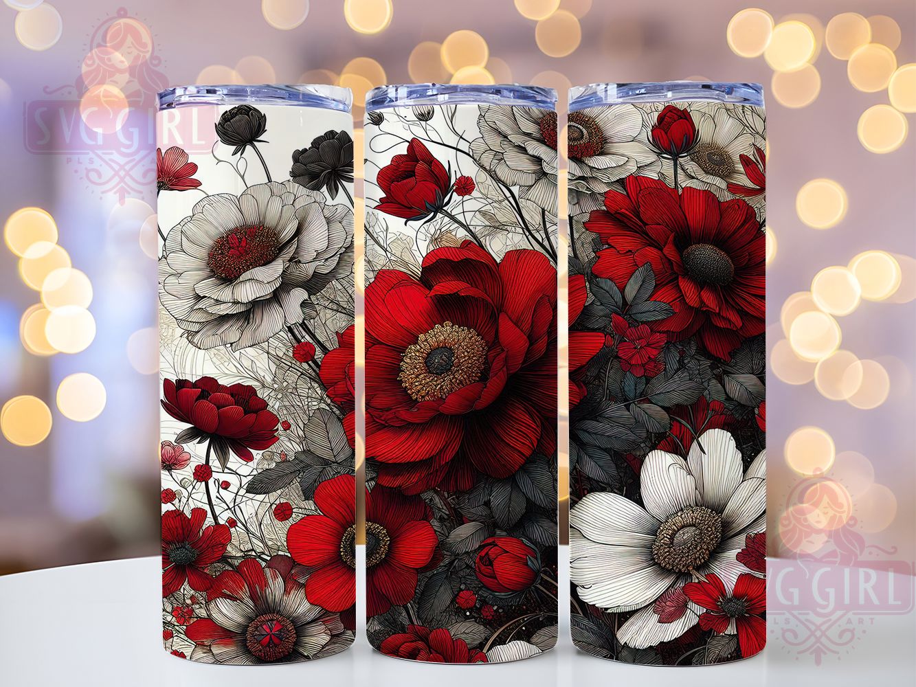 Bold Red Floral Tumbler, Seamless Bloom Wrap, Vibrant Botanical Design, Romantic Chic Style, Elegant Garden Motif, Artistic Nature Print, Eye‑Catching Floral Theme, 20Oz Tumbler, Sublimation