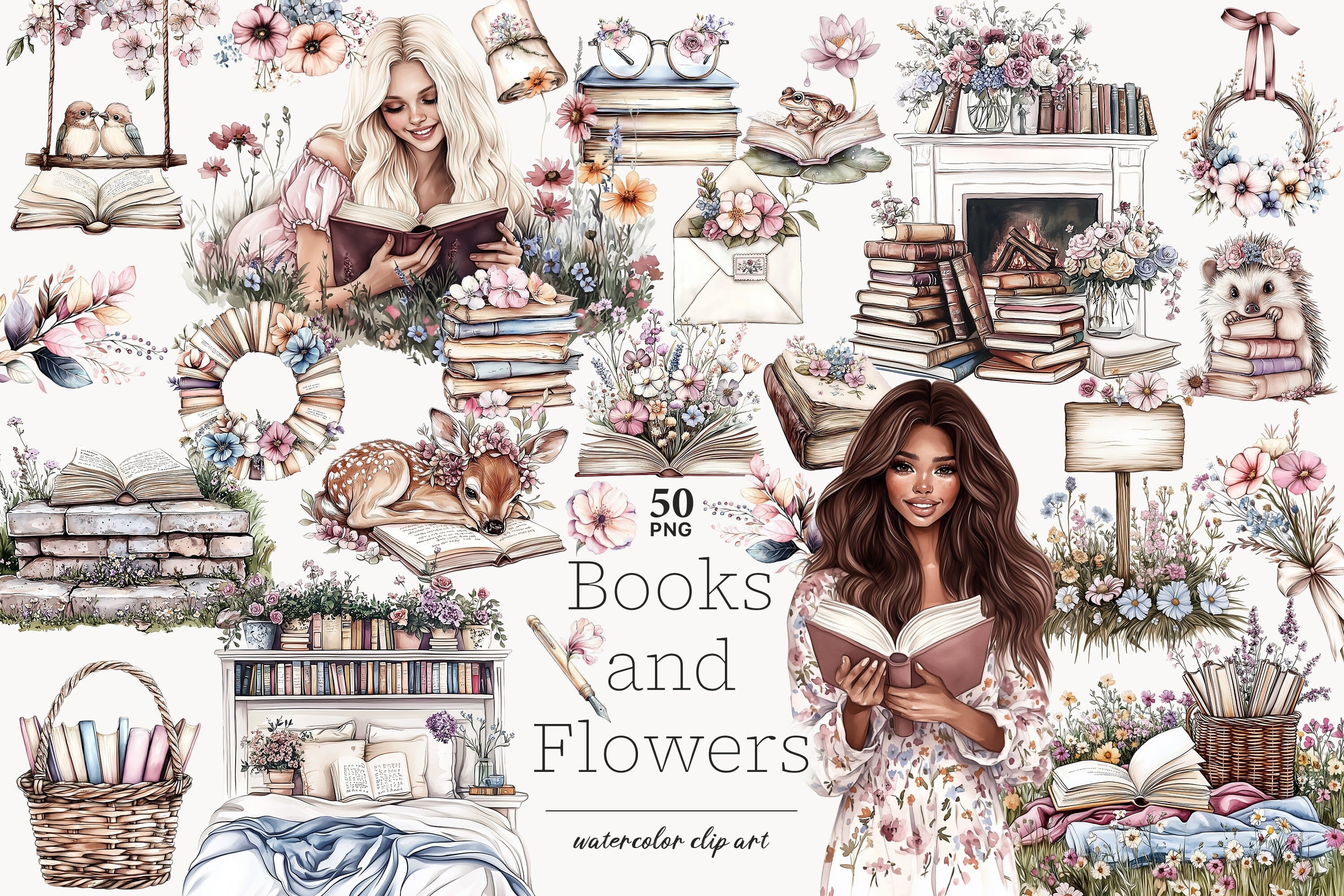 Book Lover Clipart | Books Flowers Illustration with Animals