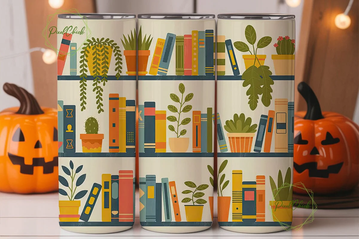 Bookshelf and Plants 20oz Tumbler Wrap - Image 2