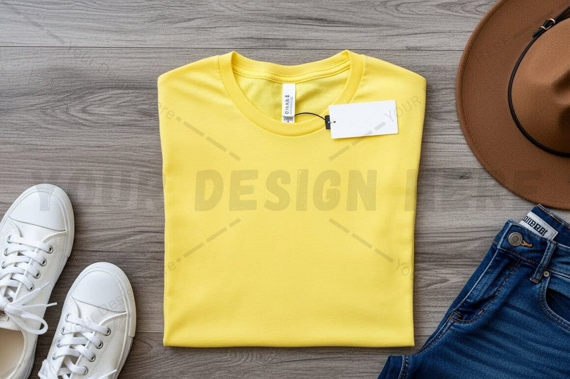 Bright yellow t-shirt mockup with casual accessories