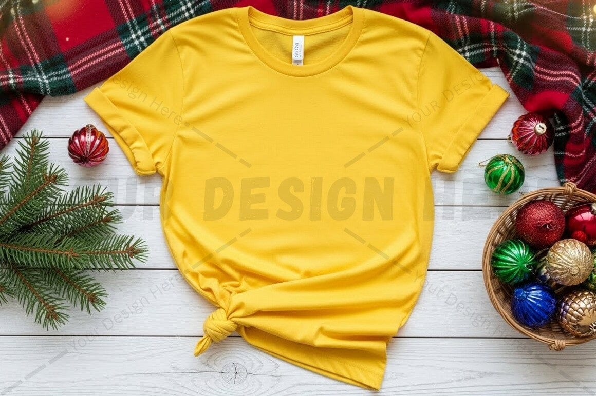 Bright yellow t-shirt mockup with christmas decorations