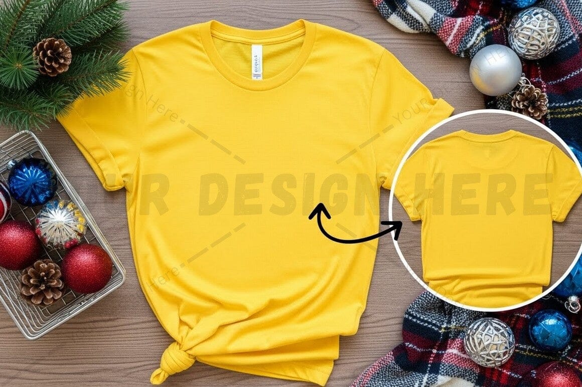 Bright yellow t-shirt mockup with holiday decorations