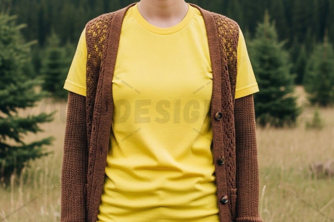 Bright yellow t-shirt with brown knitted cardigan