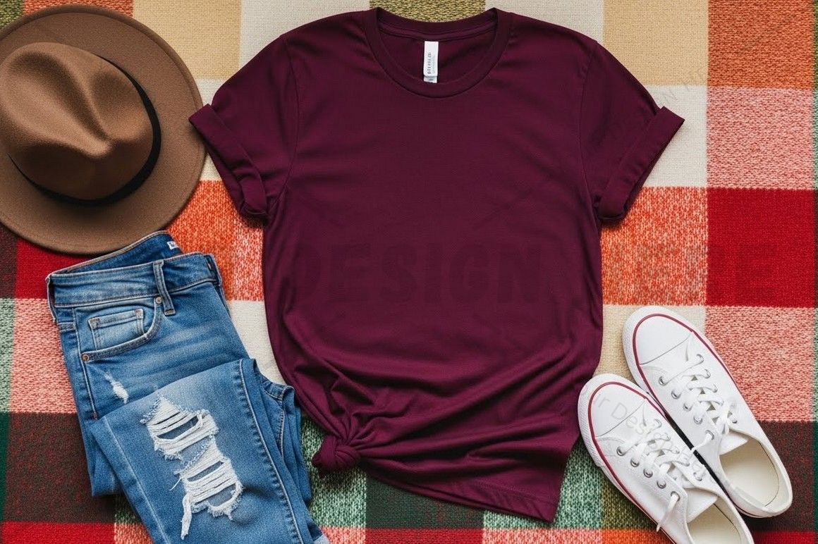 Burgundy t-shirt mockup with casual outfit accessories