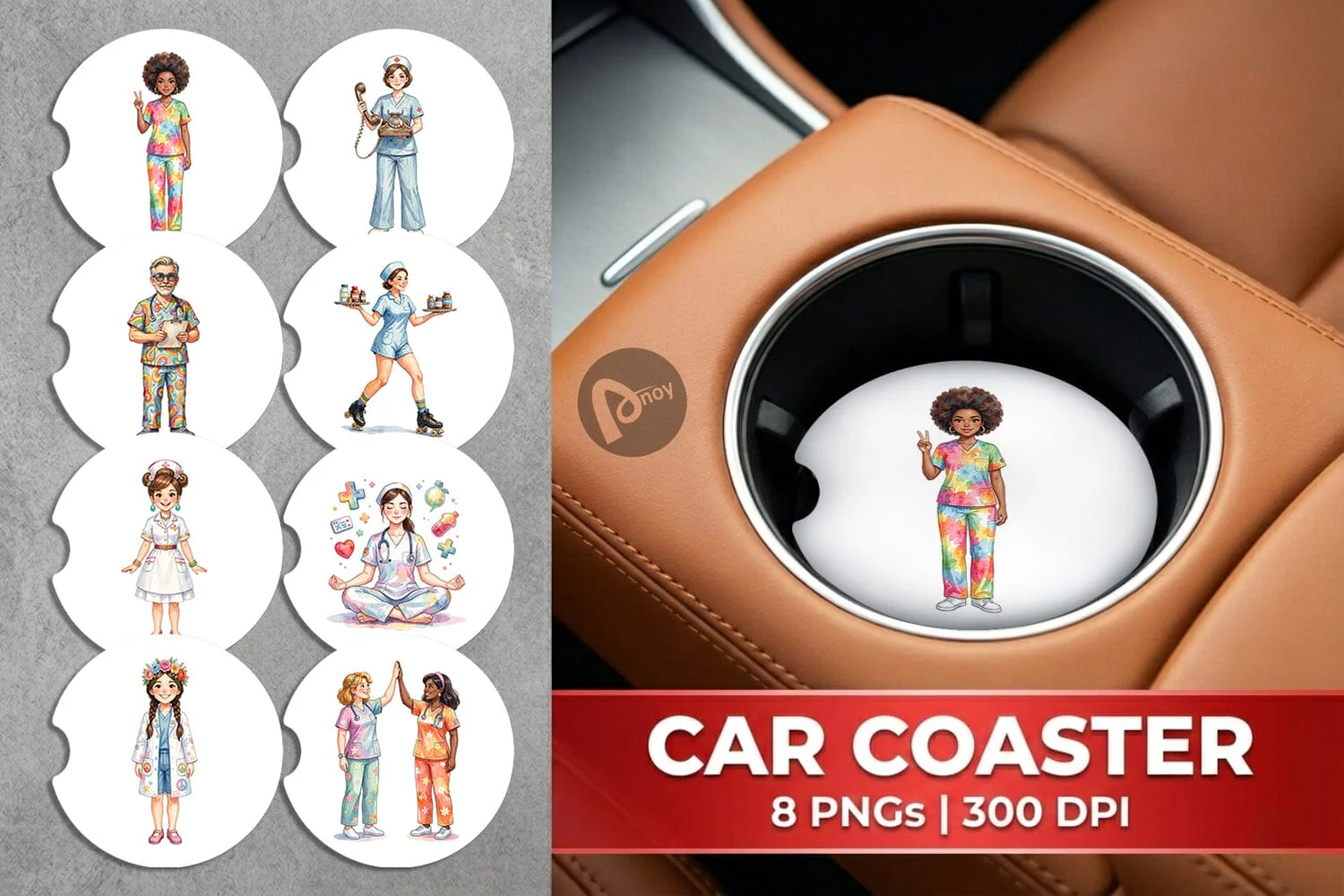 Car Coaster Watercolor 70s Retro Nurse Characters
