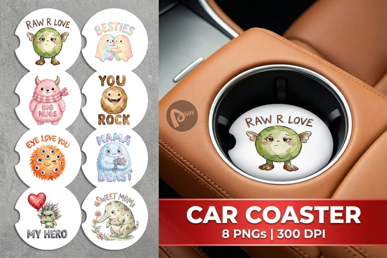 Car Coaster Watercolor Cute Ugly Momster Quotes