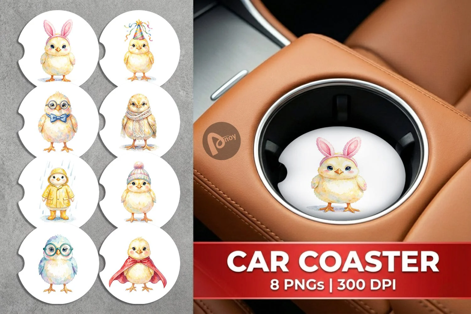 Car Coaster Watercolor Easter Chick Dress Up Art