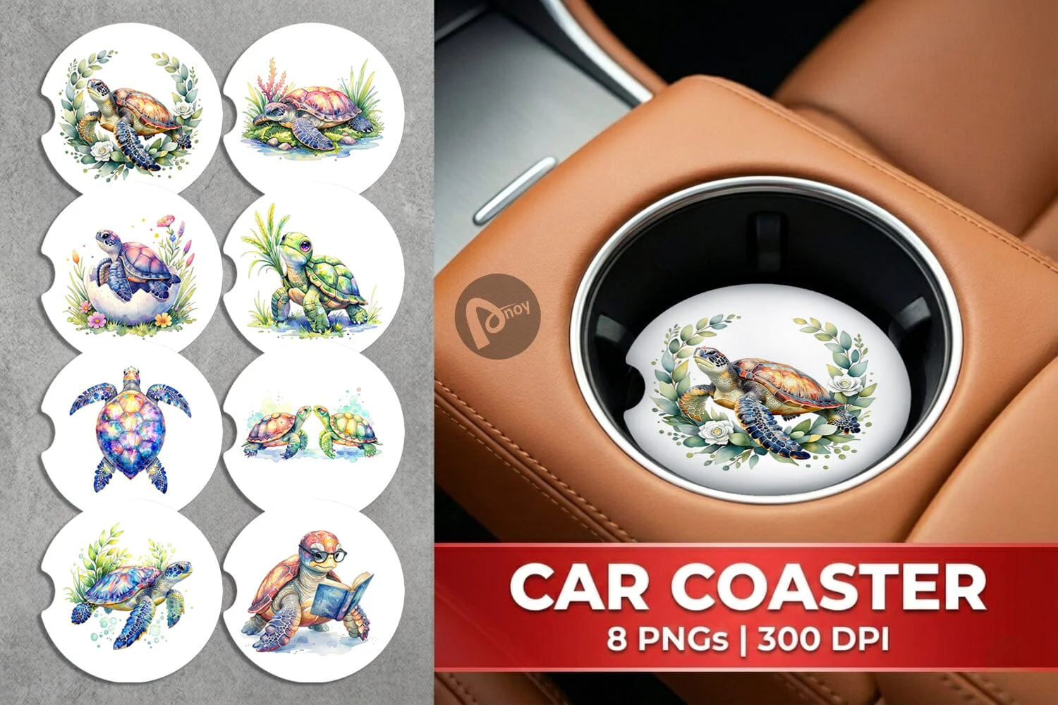 Car Coaster Watercolor Floral Boho Sea Turtle