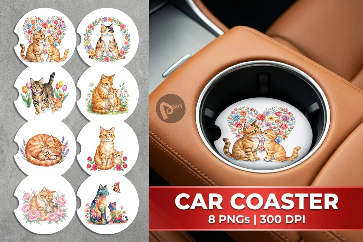 Car Coaster Watercolor Floral Cat Motherhood Art