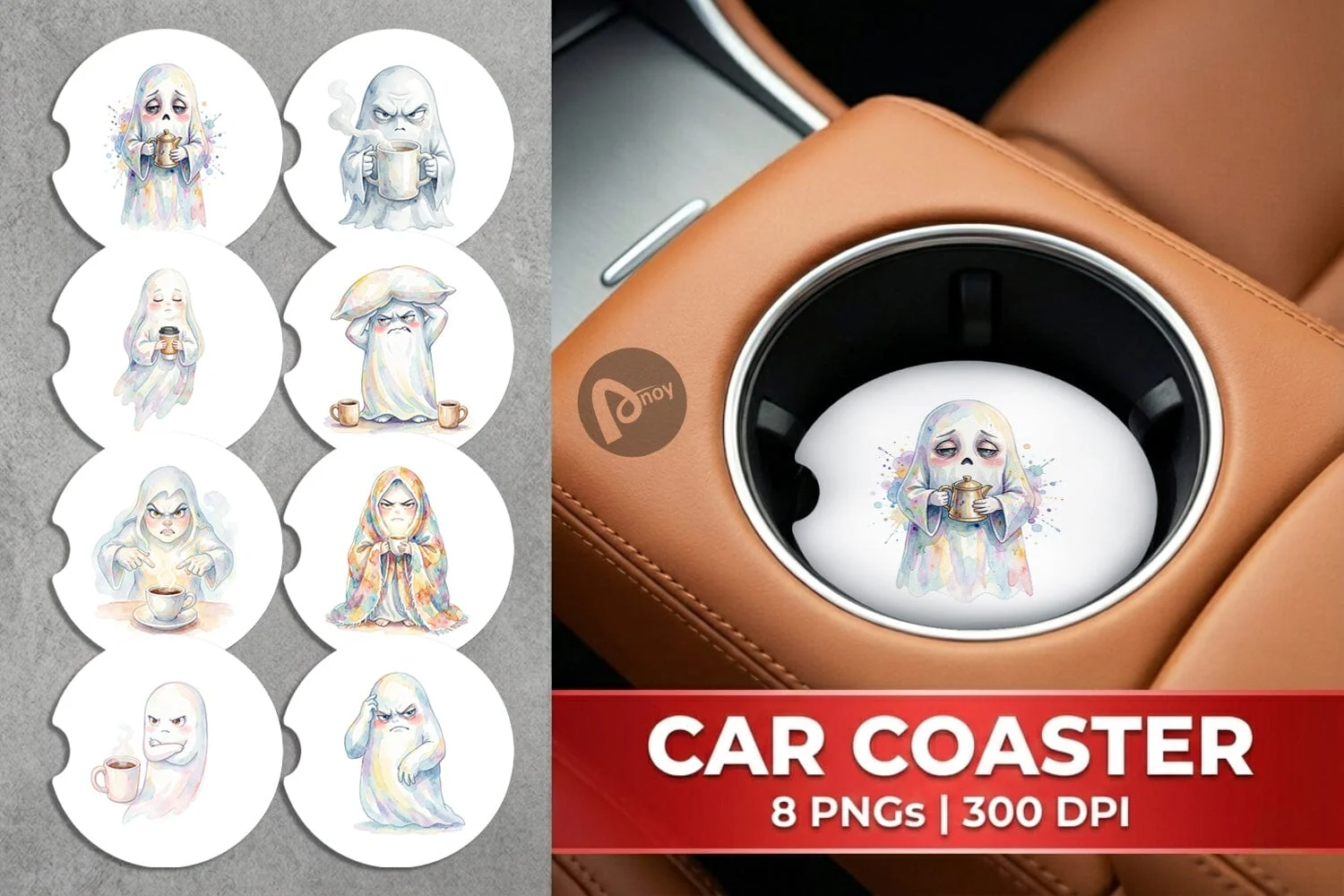 Car Coaster Watercolor Funny Grumpy Morning Ghost