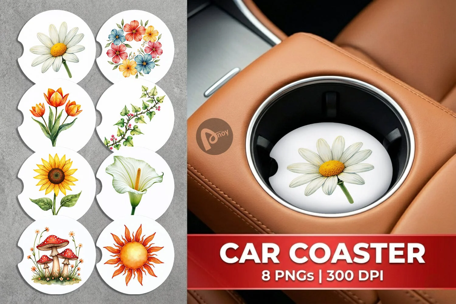 Car Coaster Watercolor Groovy Garden 70s Retro Watercolor Florals