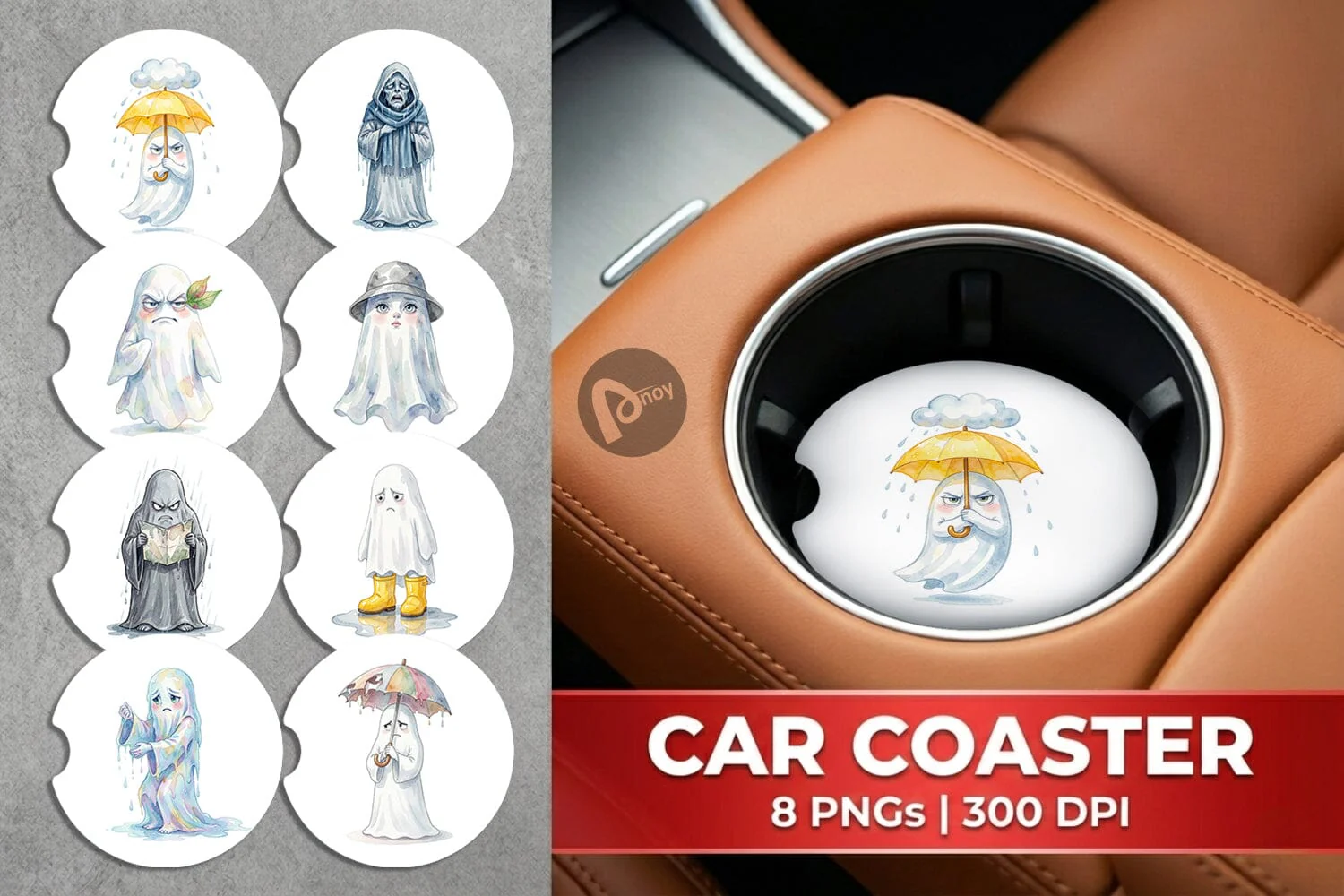 Car Coaster Watercolor Grumpy Rainy Day Ghost Art