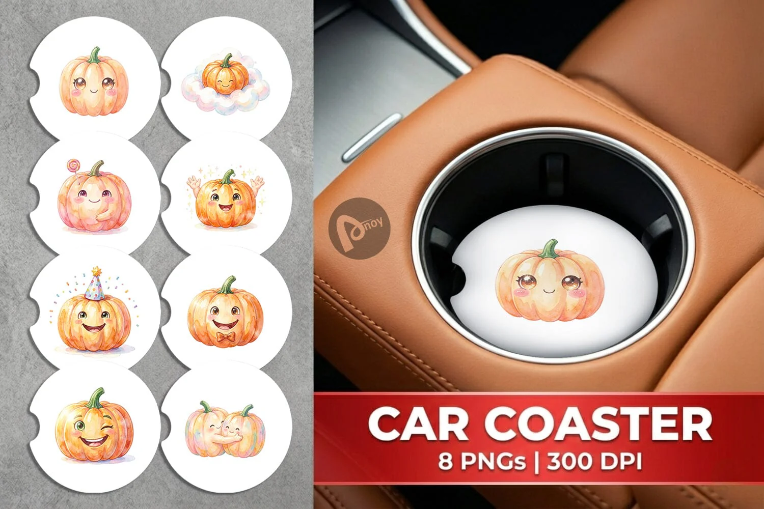 Car Coaster Watercolor Kawaii Cute Pastel Pumpkin