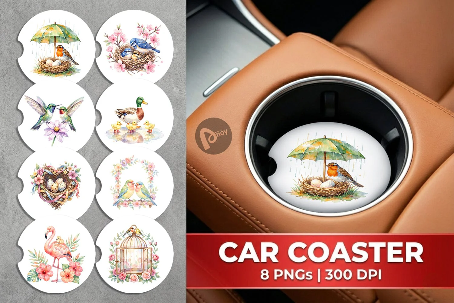 Car Coaster Watercolor Mama Bird And Floral Nest Art