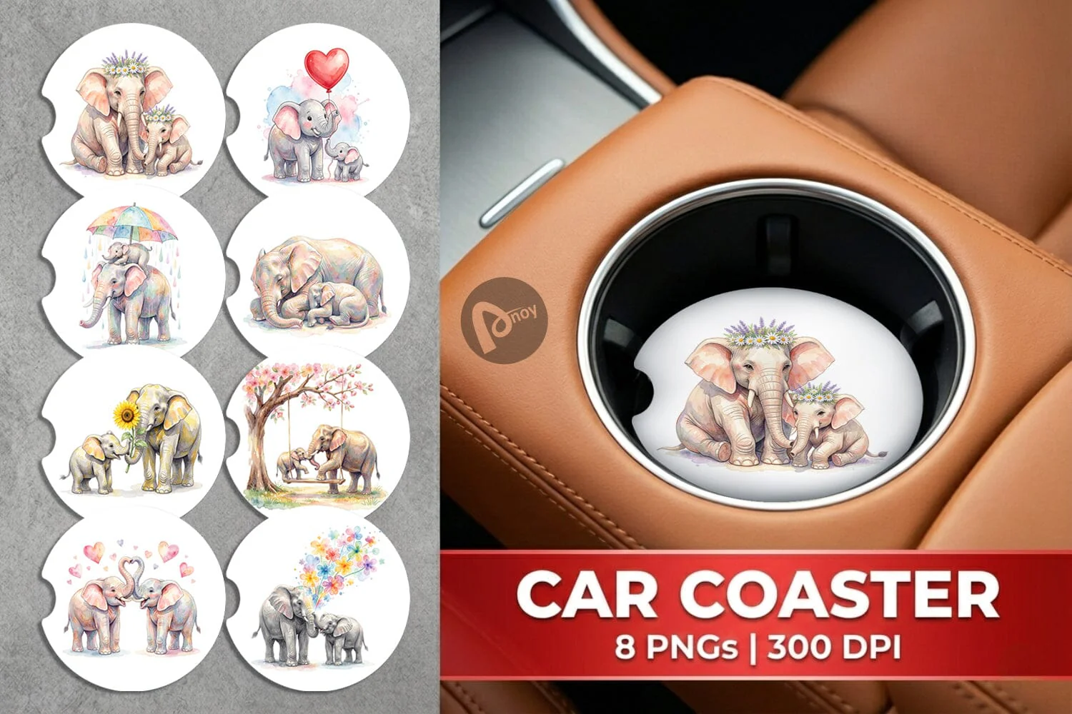 Car Coaster Watercolor Mom And Baby Elephant Love Art