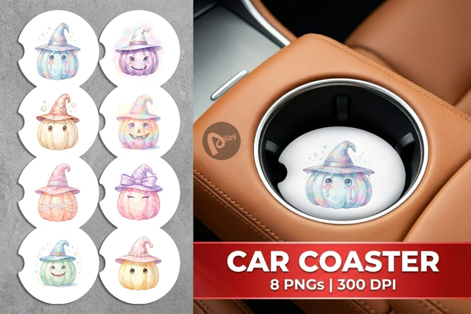 Car Coaster Watercolor Pastel Fairytale Witch Hat